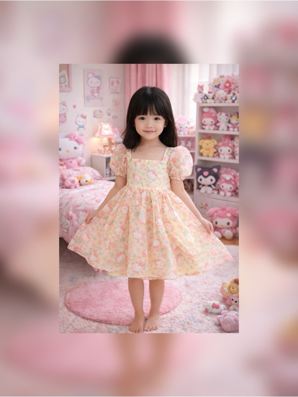 6/6X - HELLO KITTY by Sanrio - Girls' Pastel Yellow Floral HK Puff Sleeve Dress